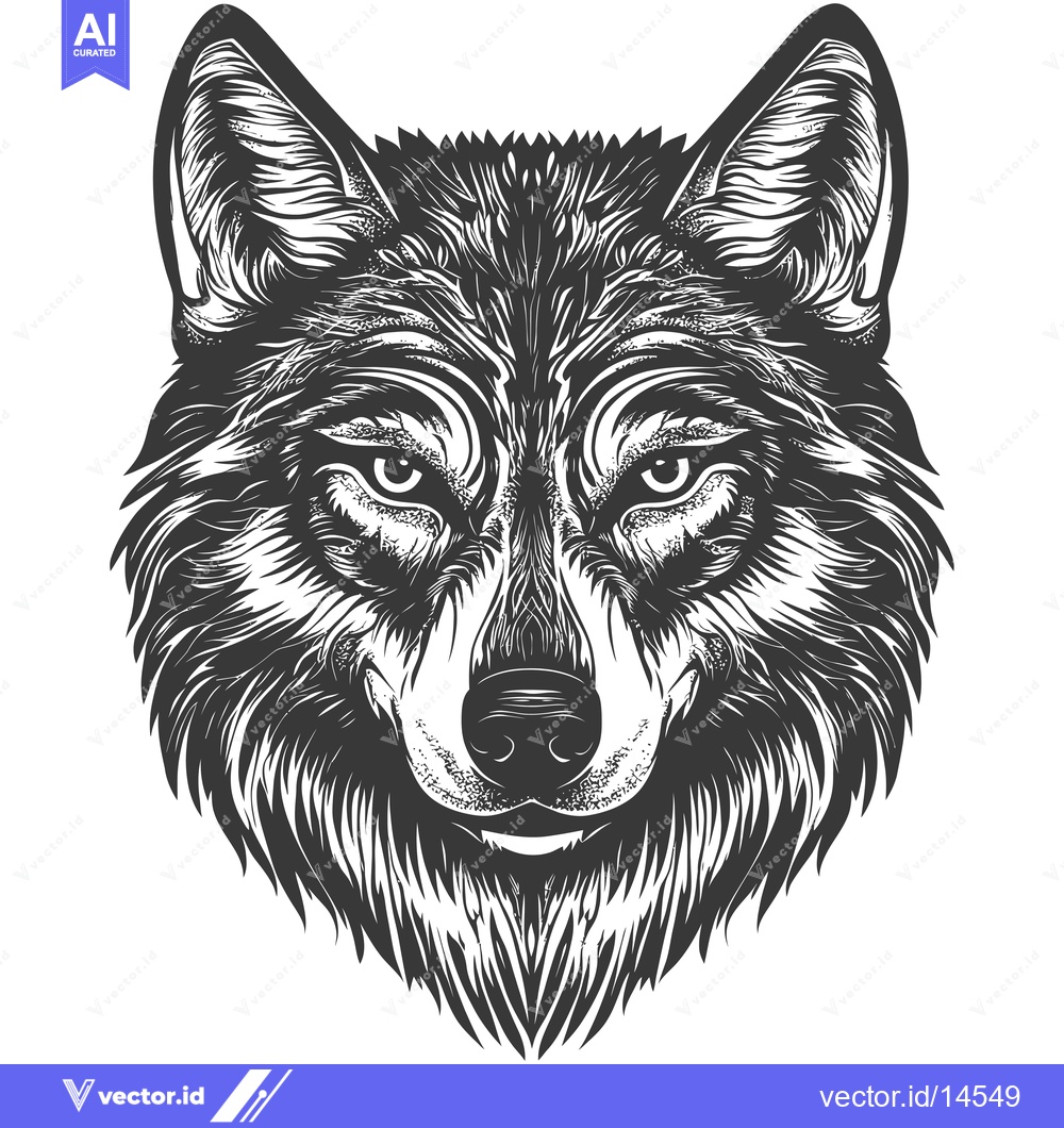 Premium Vector dari A Detailed Black and White Illustration of a Wolf's Head