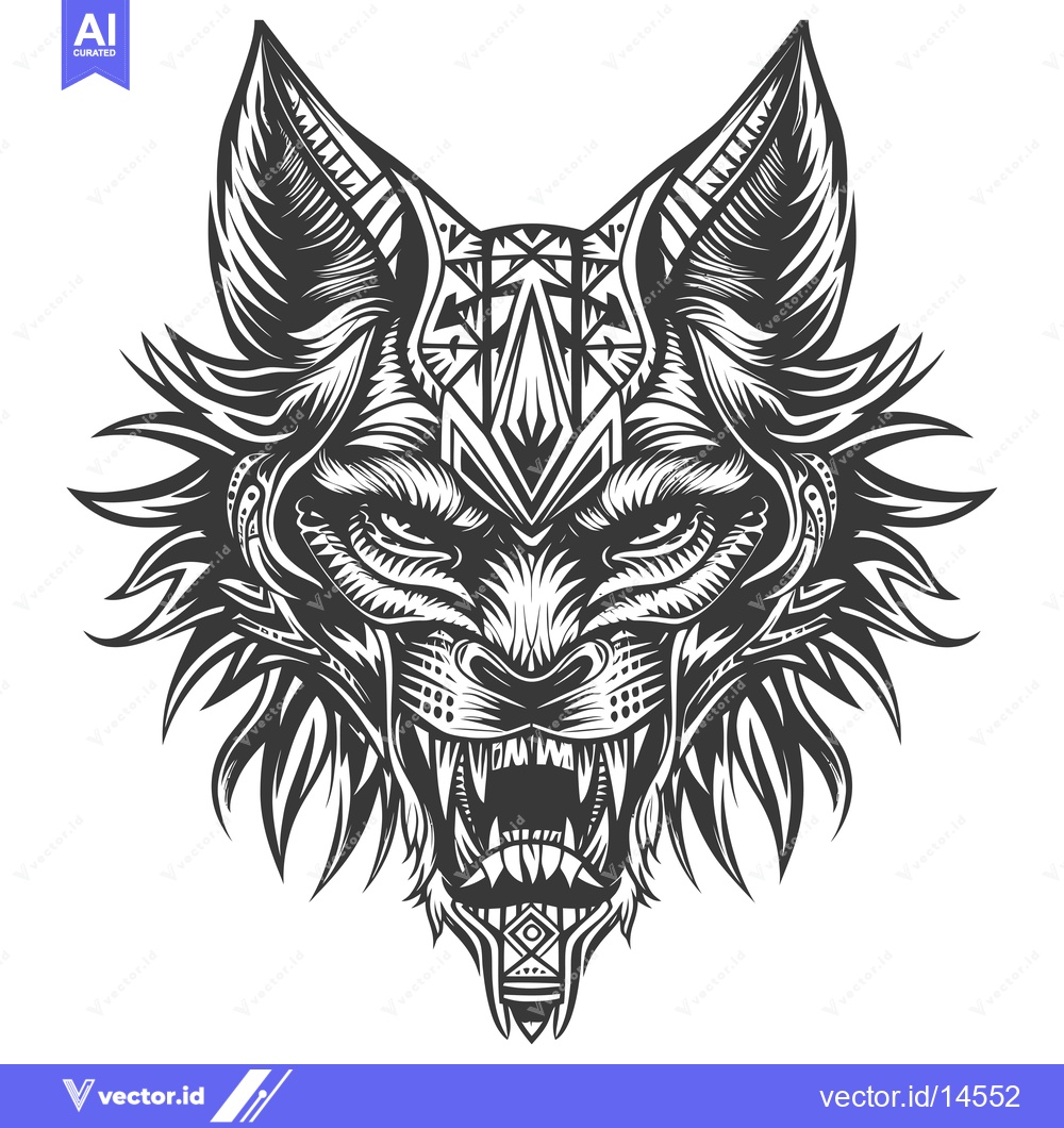 Premium Vector dari A detailed black and white illustration of a wolf's head with geometri