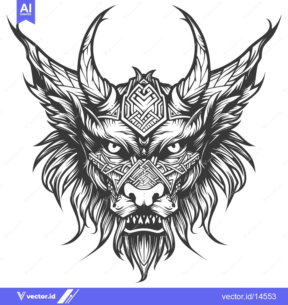 Premium Vector of A detailed black and white illustration of a wolf's head with horns an