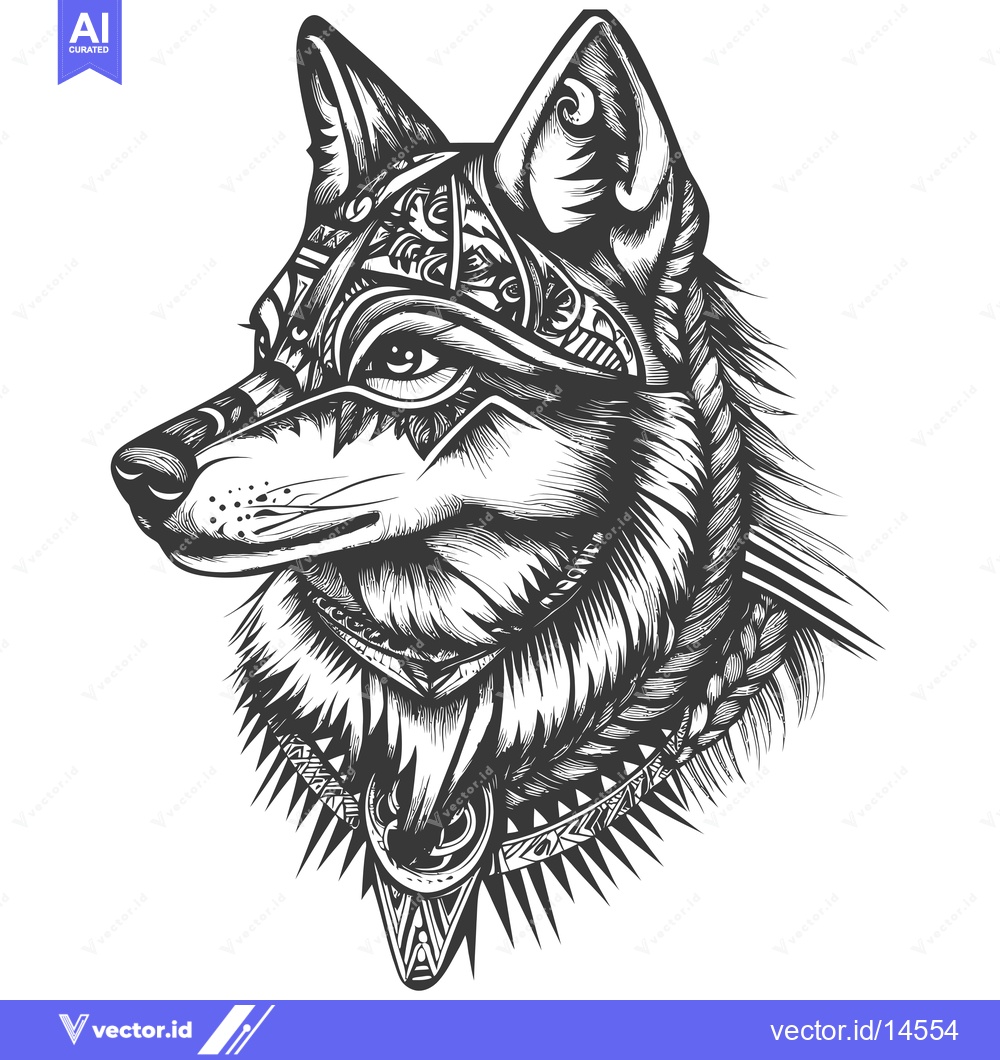Premium Vector dari A Detailed Black and White Illustration of a Wolf's Head with Intricat