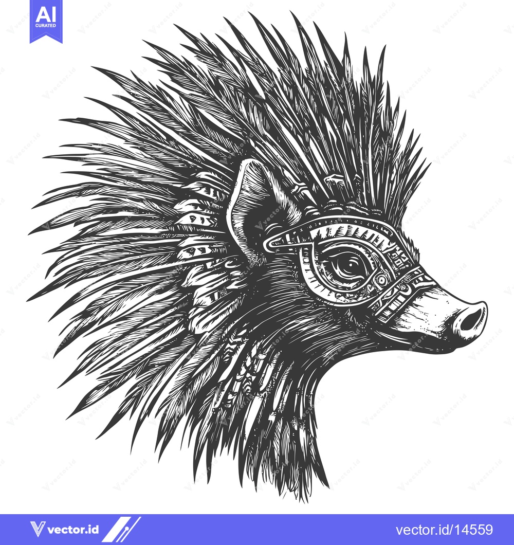 Premium Vector of A Detailed Black and White Sketch of a Feathered Pig Head