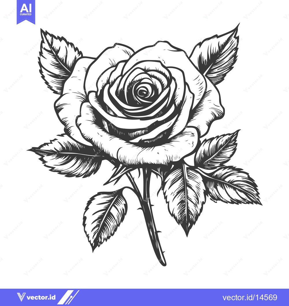 Premium Vector dari A Detailed Hand-Drawn Black and White Illustration of a Single Rose wi
