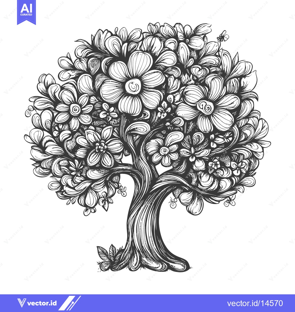 Premium Vector of A Detailed Hand-Drawn Black and White Illustration of a Tree Abundant