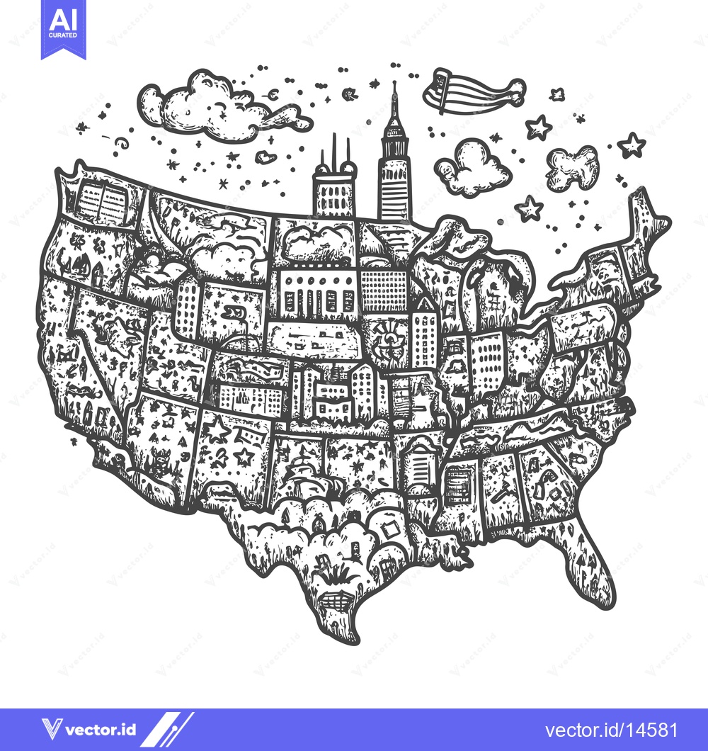 Premium Vector of A Detailed Hand-Drawn Illustration of the United States Filled with Va