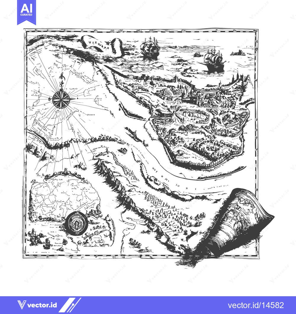 Premium Vector dari A Detailed Hand-Drawn Map with Ships and Compass