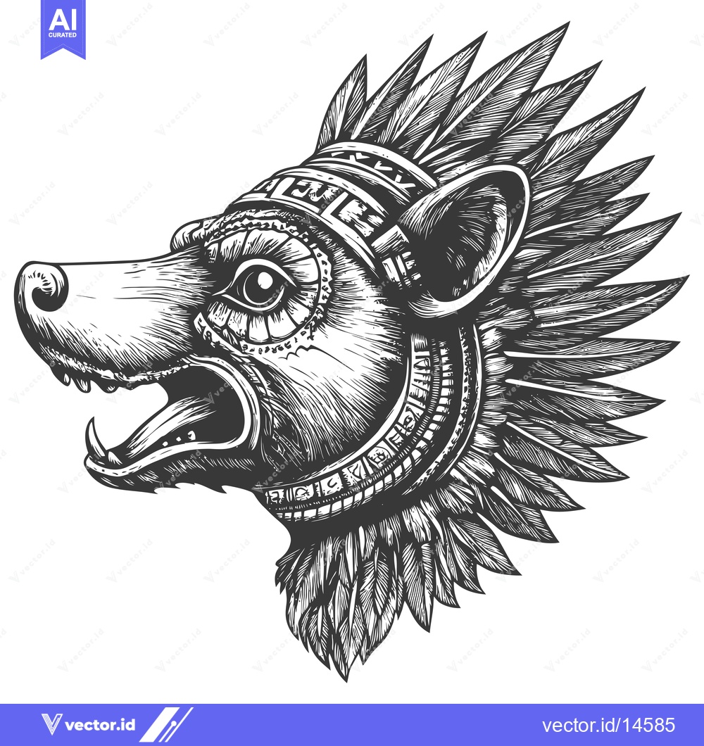 Premium Vector of A Detailed Illustration of a Bear Head with Feathers and a Ceremonial
