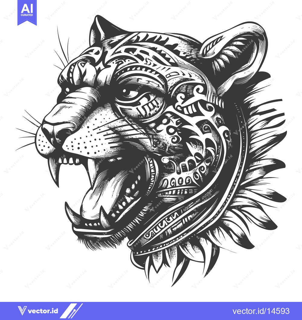 Premium Vector of A Detailed Illustration of a Growling Jaguar with Intricate Patterns