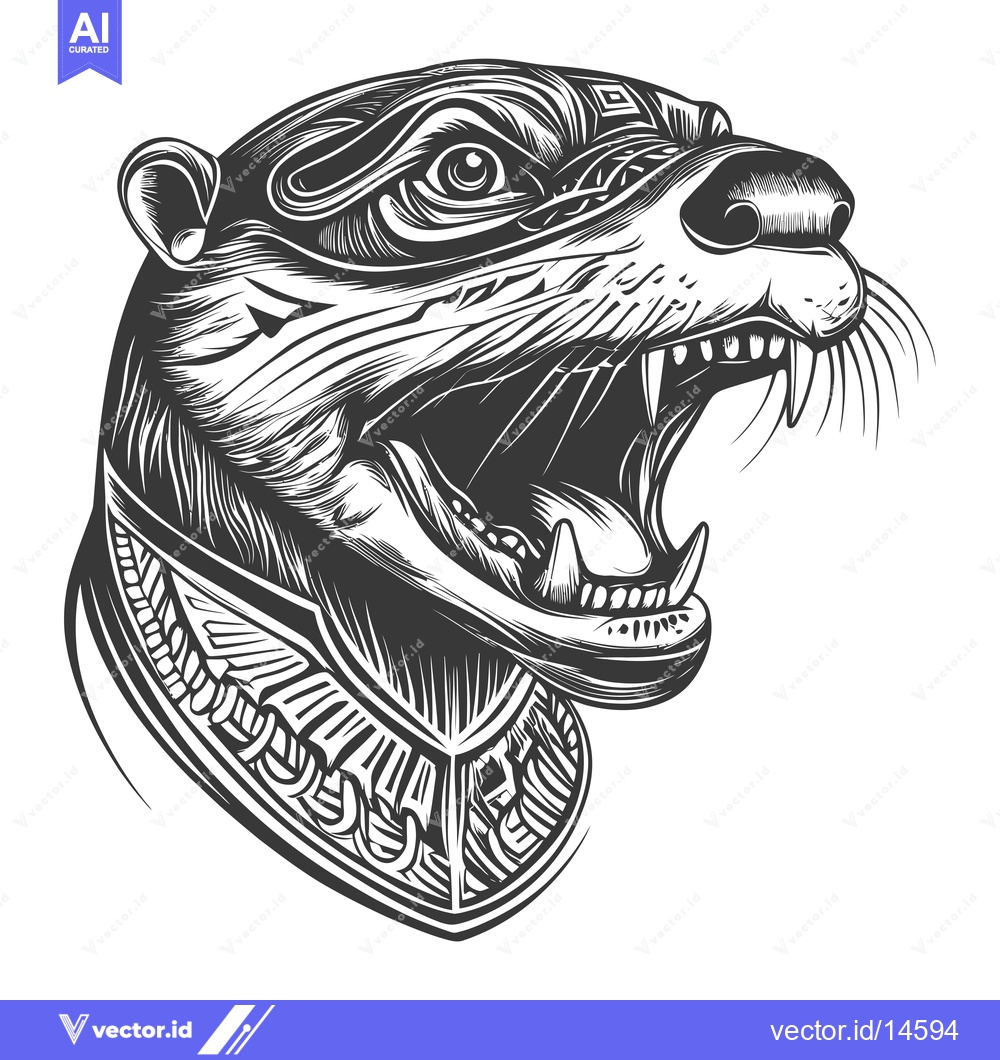 Premium Vector dari A Detailed Illustration of a Growling Otter Head with a Collar