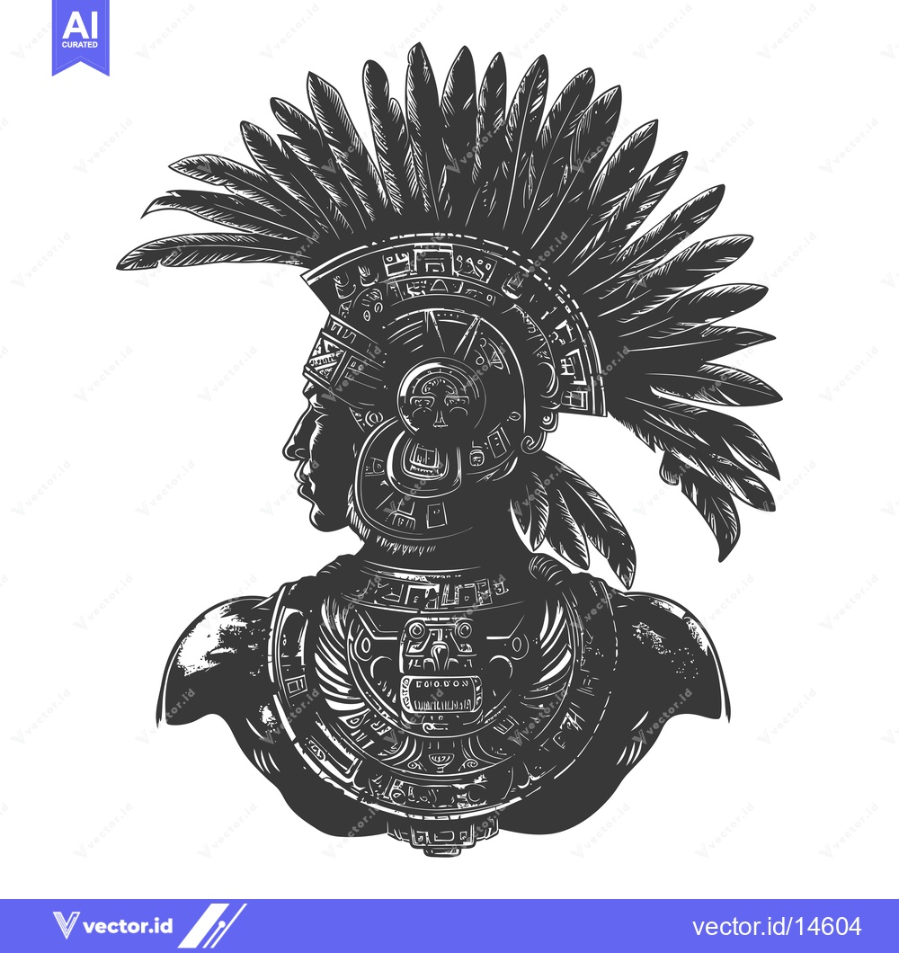 Premium Vector of A Detailed Illustration of an Aztec Warrior with Ornate Headwear and B