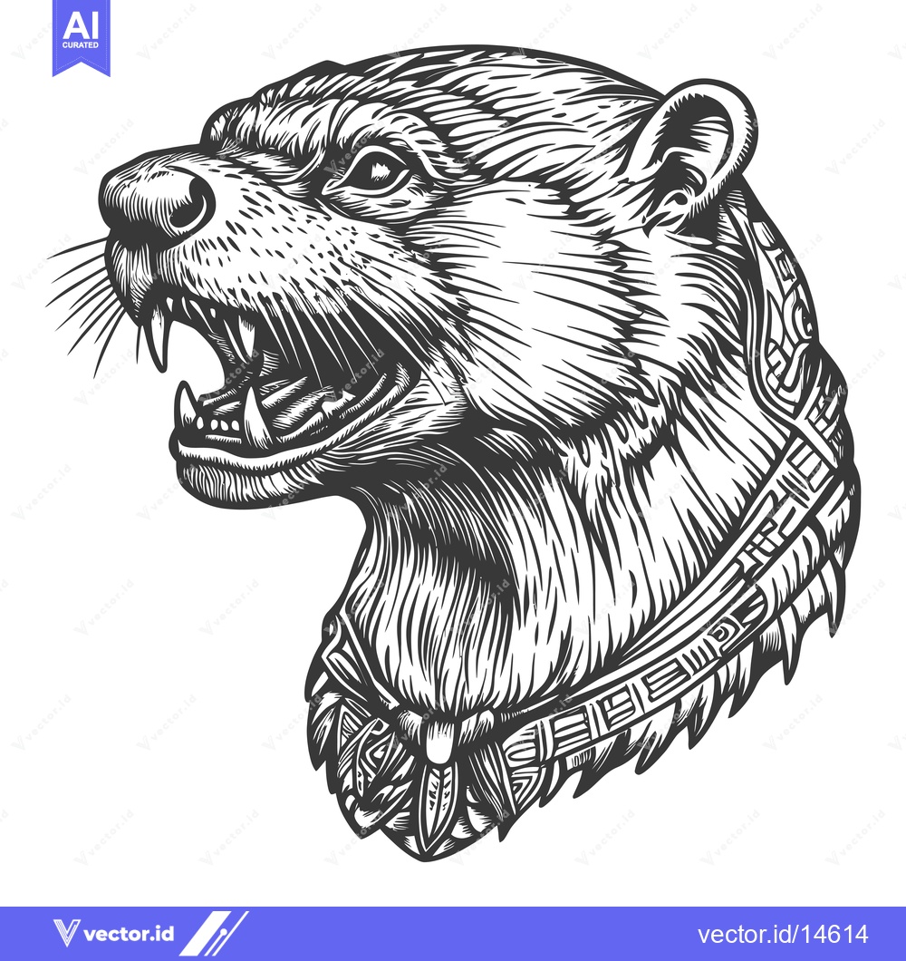 Premium Vector dari A Detailed Illustration of a Snout of a Growling Otter with Feathers A
