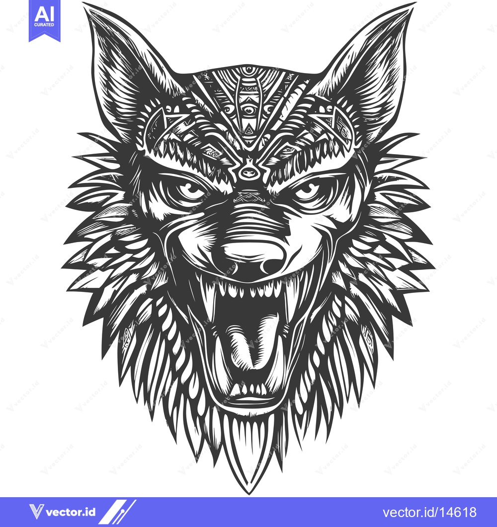 Premium Vector dari A Detailed Illustration of a Wolf's Head with an Open Mouth and Detail