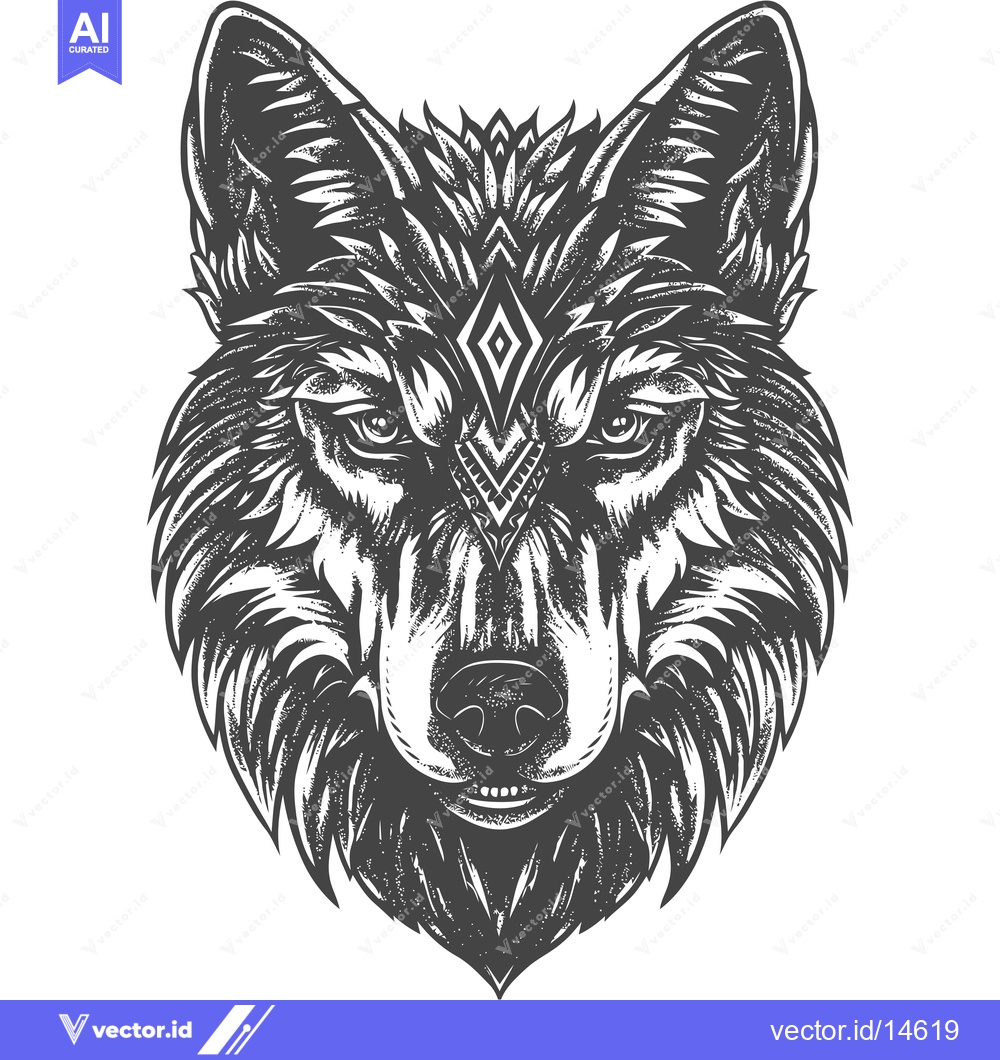 Premium Vector dari A detailed illustration of a wolf's head with a tribal geometric patte