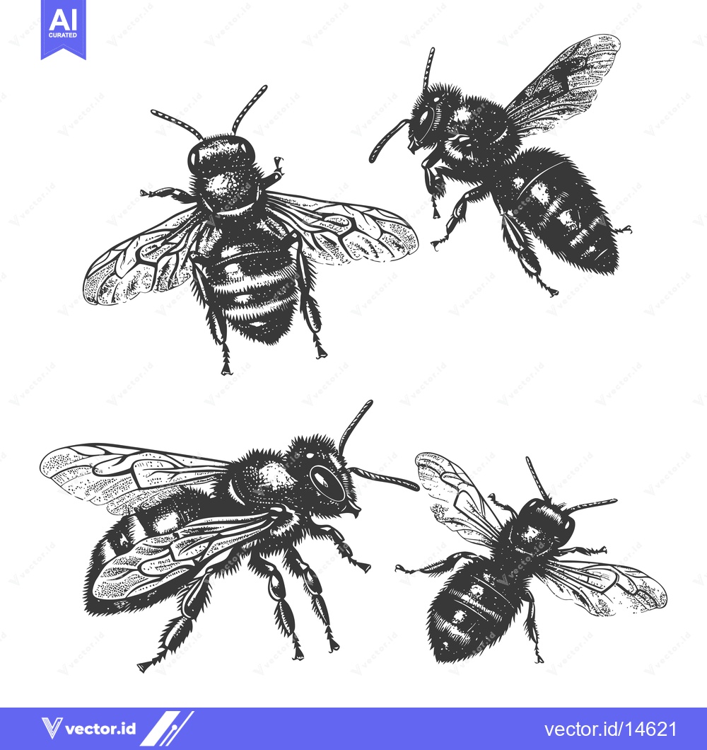 Premium Vector dari A Detailed Illustration of Four Bees in Flight