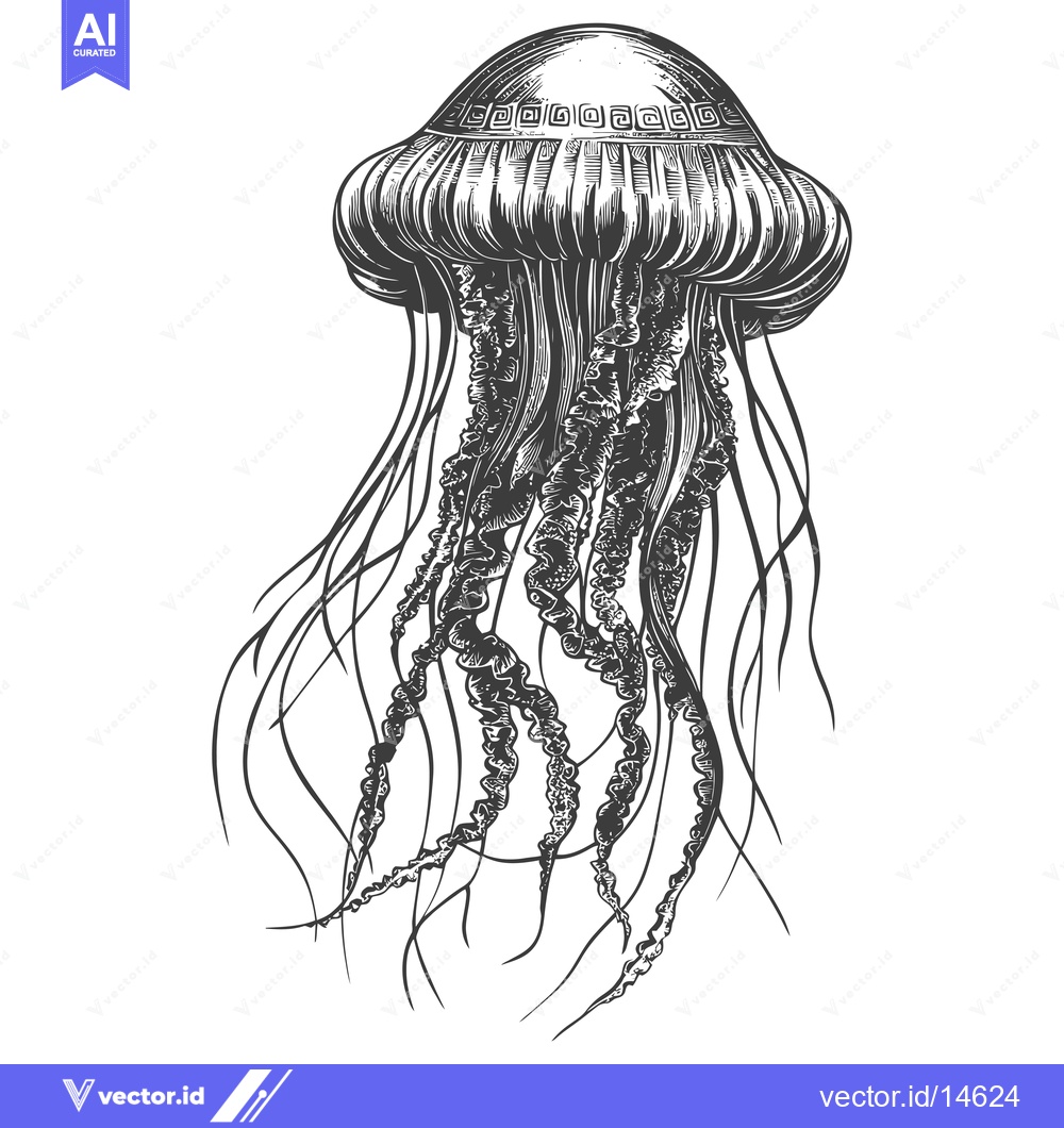 Premium Vector of A Detailed Ink Drawing of a Jellyfish with Intricate Tentacles