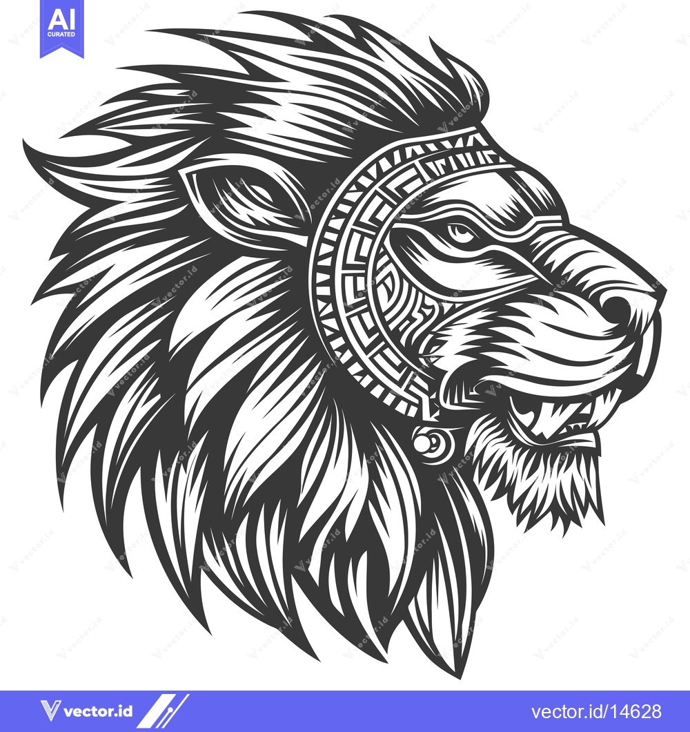 Premium Vector dari A detailed line art illustration of a lion's head with a patterned man