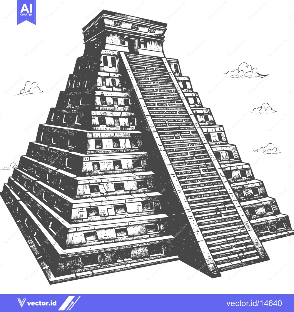 Premium Vector of A Detailed Line Drawing of a Stepped Pyramid with Clouds in the Backgr