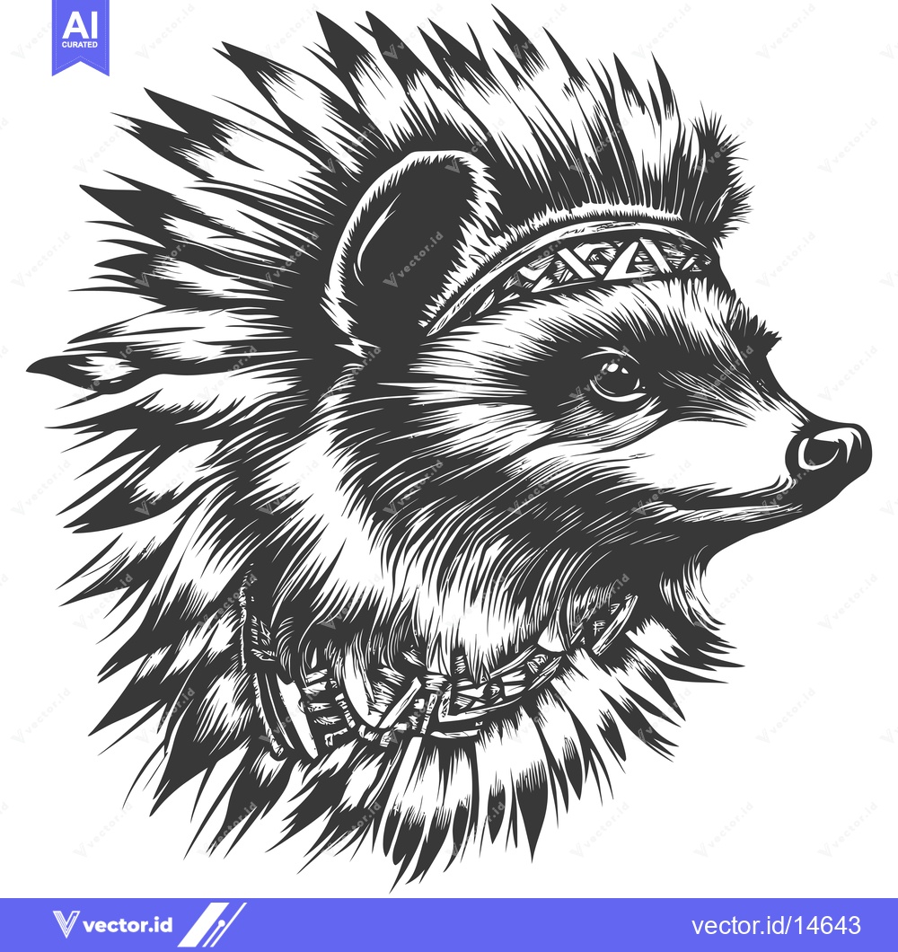 Premium Vector dari A Detailed Monochrome Illustration of a Raccoon Wearing a Native Ameri