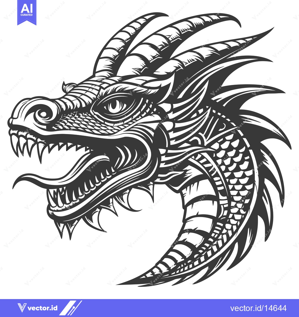 Premium Vector of A detailed monochrome illustration of a snarling dragon head