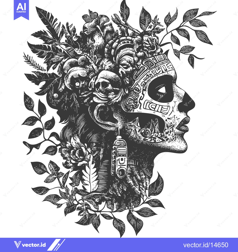 Premium Vector dari A Detailed Profile of a Woman with a Floral and Ornate Mask