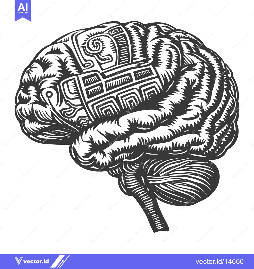 Premium Vector of A detailed stylized illustration of a human brain with geometric patte