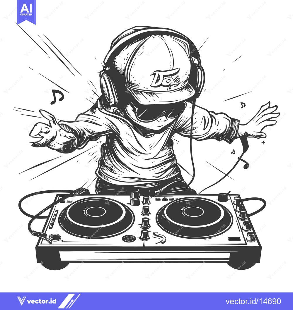 Premium Vector of A DJ Mixing Music on a Turntable with Headphones and a Cap