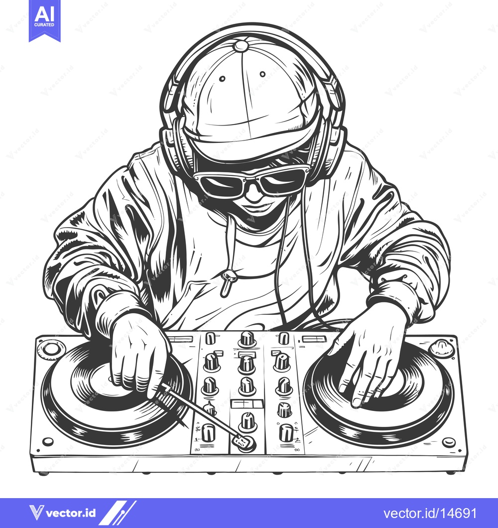 Premium Vector of A DJ mixing music on a turntable with headphones and a cap