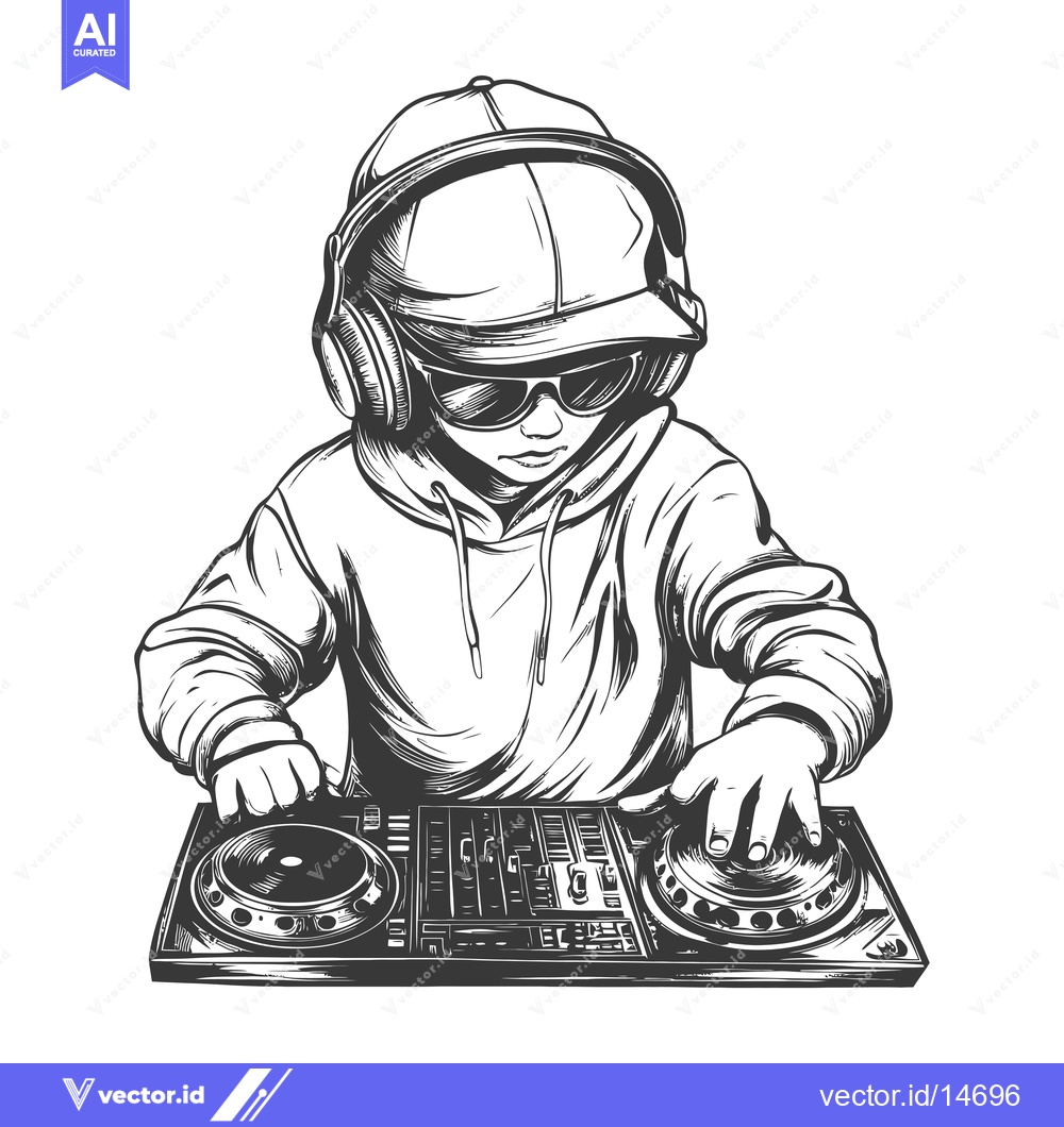 Premium Vector dari A DJ Wearing a Cap and Headphones Mixing Music on a Mixer