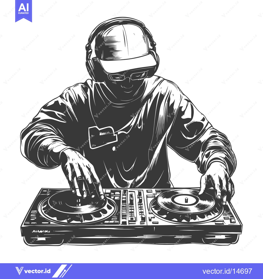 Premium Vector dari A DJ wearing headphones and a cap mixing music on a turntable