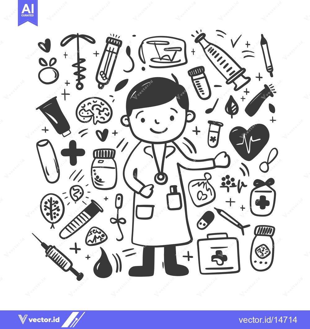 Premium Vector dari A Doctor Surrounded by Hand-Drawn Medical Objects