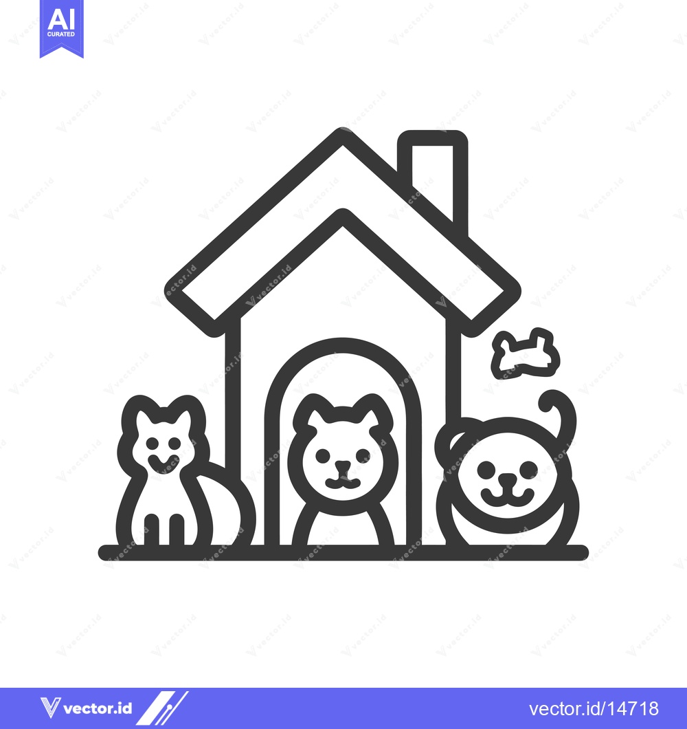 Premium Vector dari A Dog and Two Cats by a Pet House