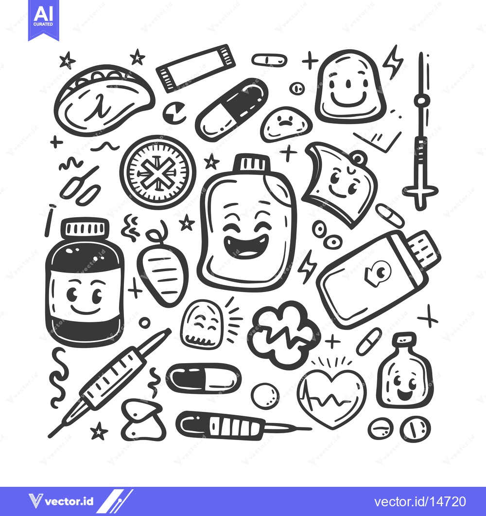 Premium Vector of A Doodle Collection of Healthcare-Related Icons with Cute Faces