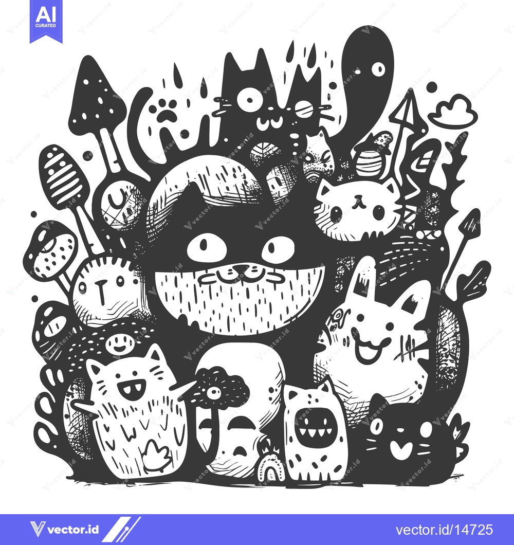 Premium Vector dari A Doodle Illustration Featuring a Large Cat and Other Creatures in Bla