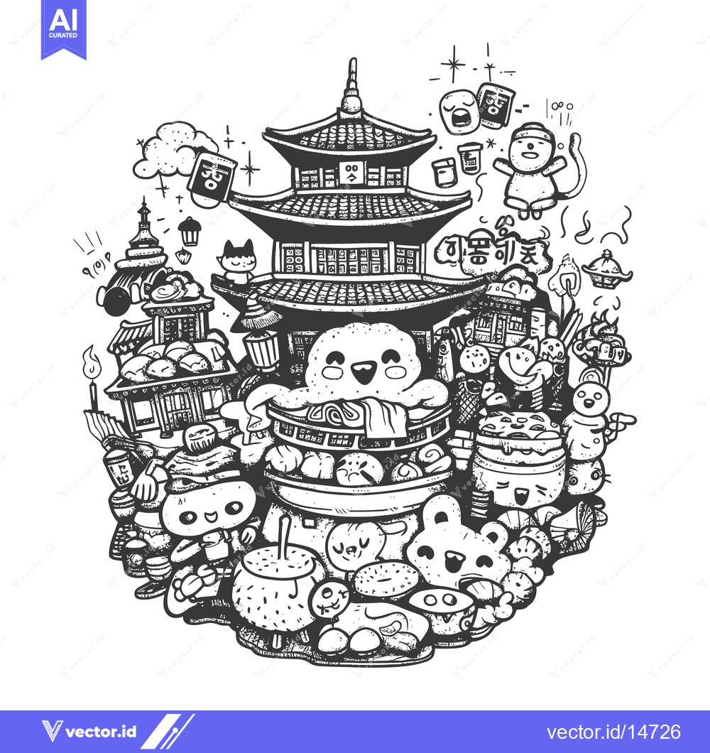 Premium Vector dari A Doodle Illustration Featuring a Pagoda and Various Cute Characters