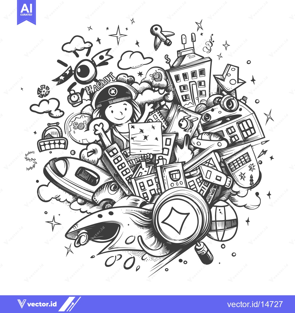 Premium Vector of A Doodle Illustration Featuring a Person, Buildings, and Space Objects