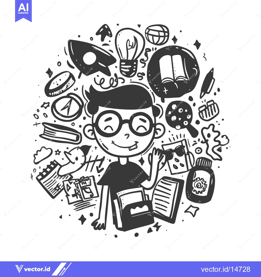 Premium Vector dari A Doodle Illustration of a Boy Surrounded by Educational Symbols