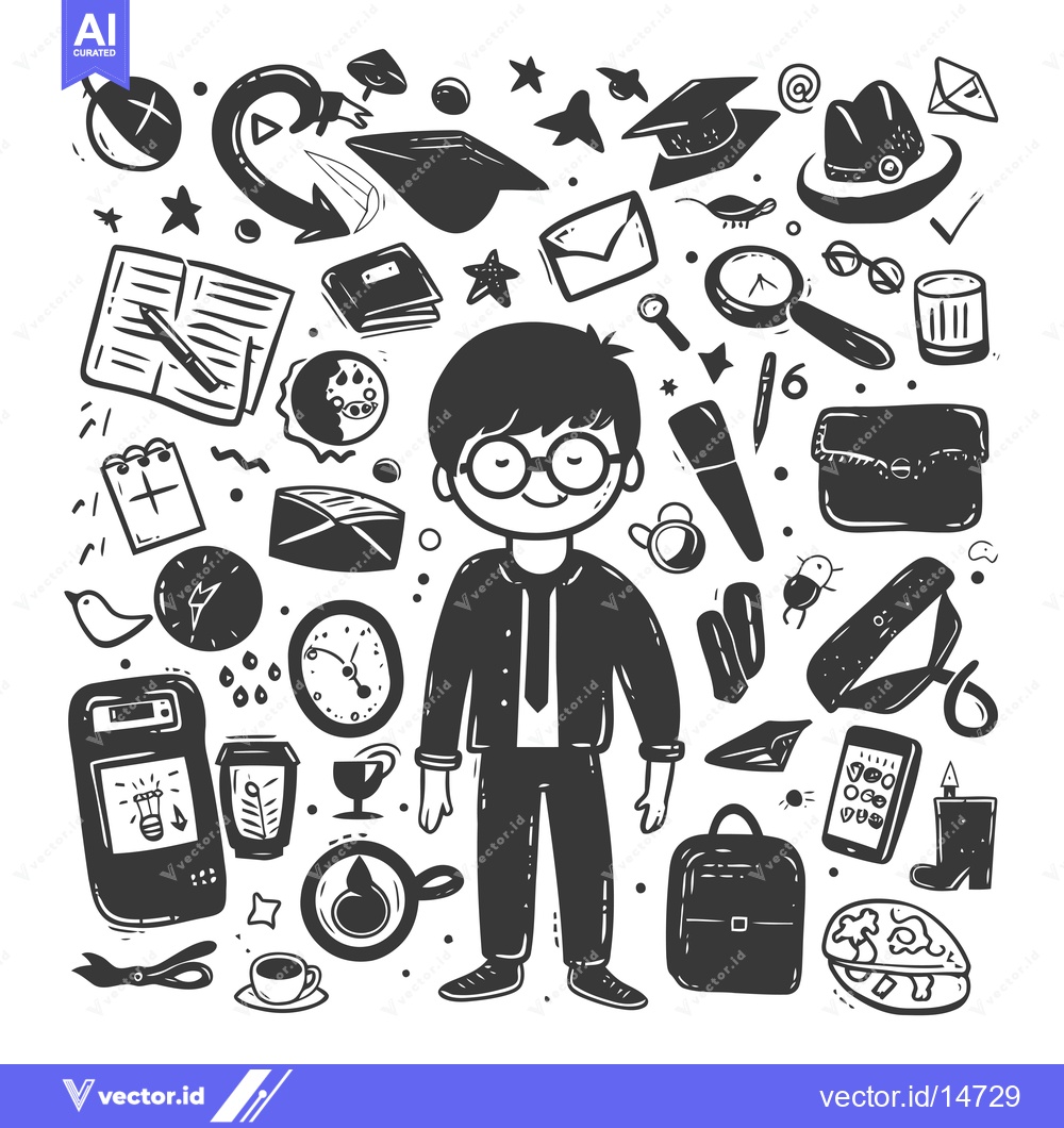 Premium Vector of A Doodle Illustration of a Boy Surrounded by School Supplies and Other