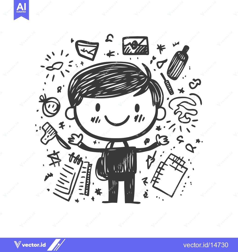Premium Vector dari A doodle illustration of a happy boy surrounded by school supplies