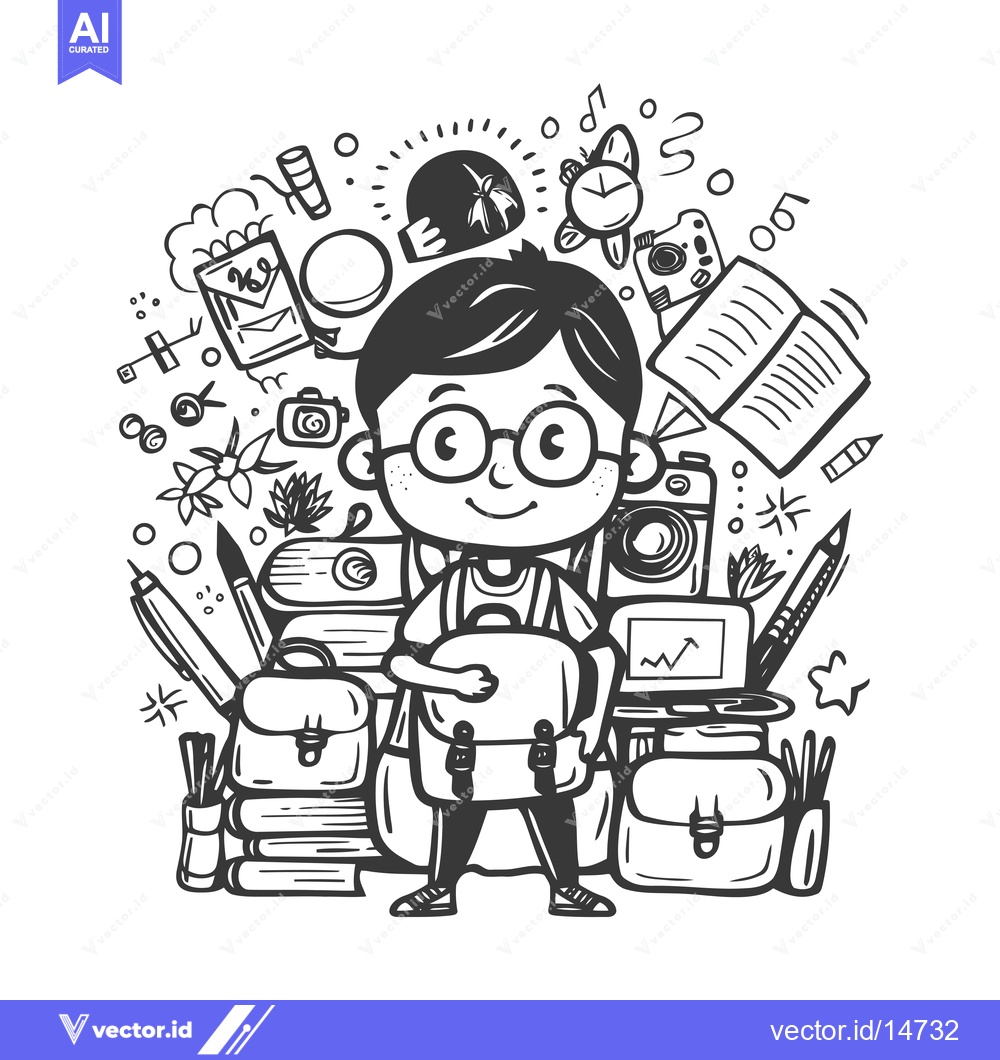 Premium Vector dari A Doodle Illustration of a Schoolboy Surrounded by School Supplies
