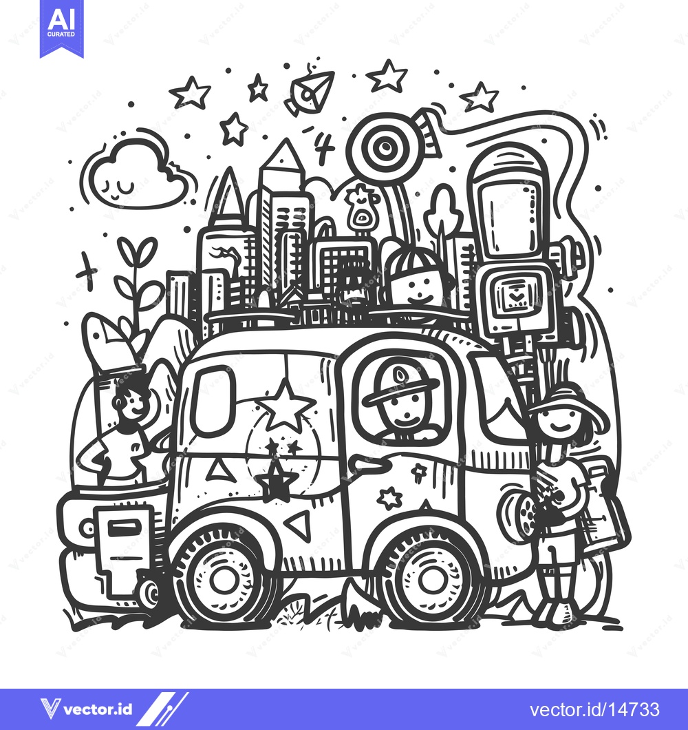 Premium Vector dari A doodle illustration of a van packed with objects, driven by a person