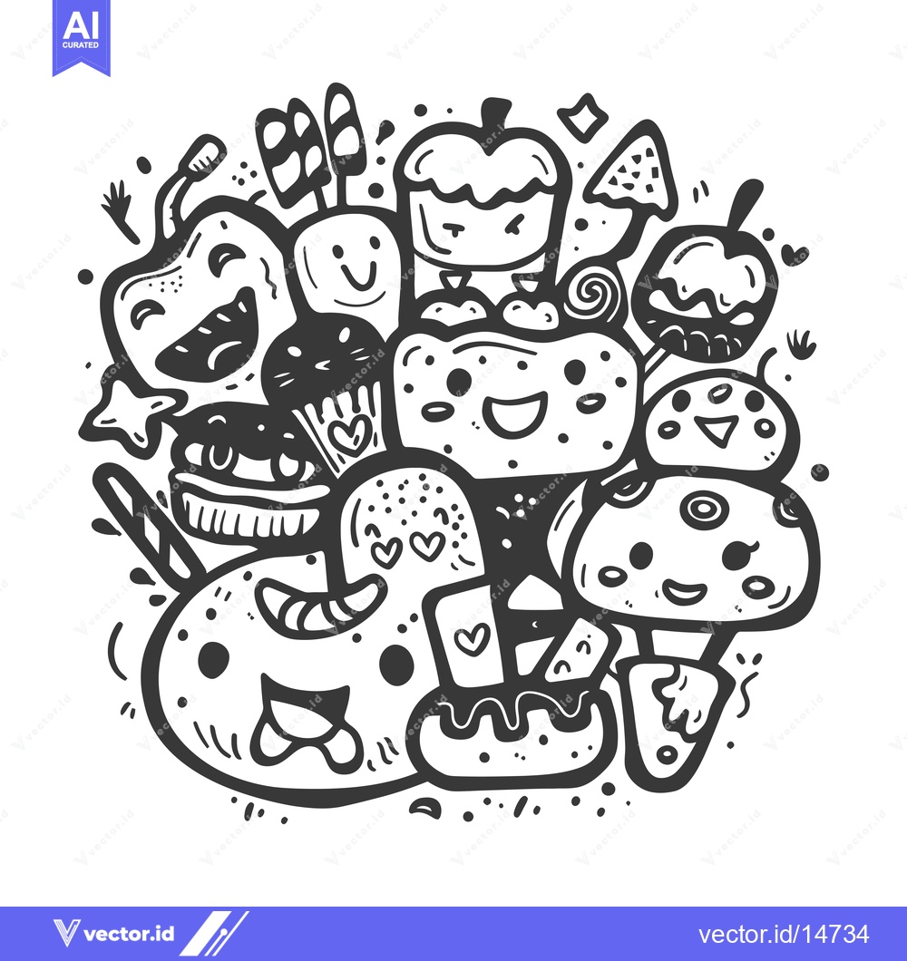 Premium Vector of A Doodle Illustration of Happy Food Characters