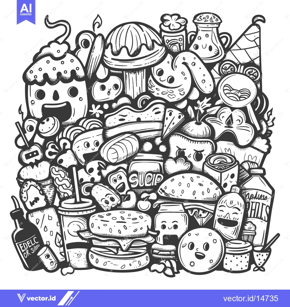 Premium Vector of A Doodle Illustration of Various Food Items with Faces