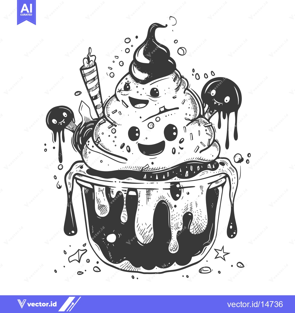 Premium Vector dari A Doodle of a Cartoon Ice Cream Sundae With Smiling Faces