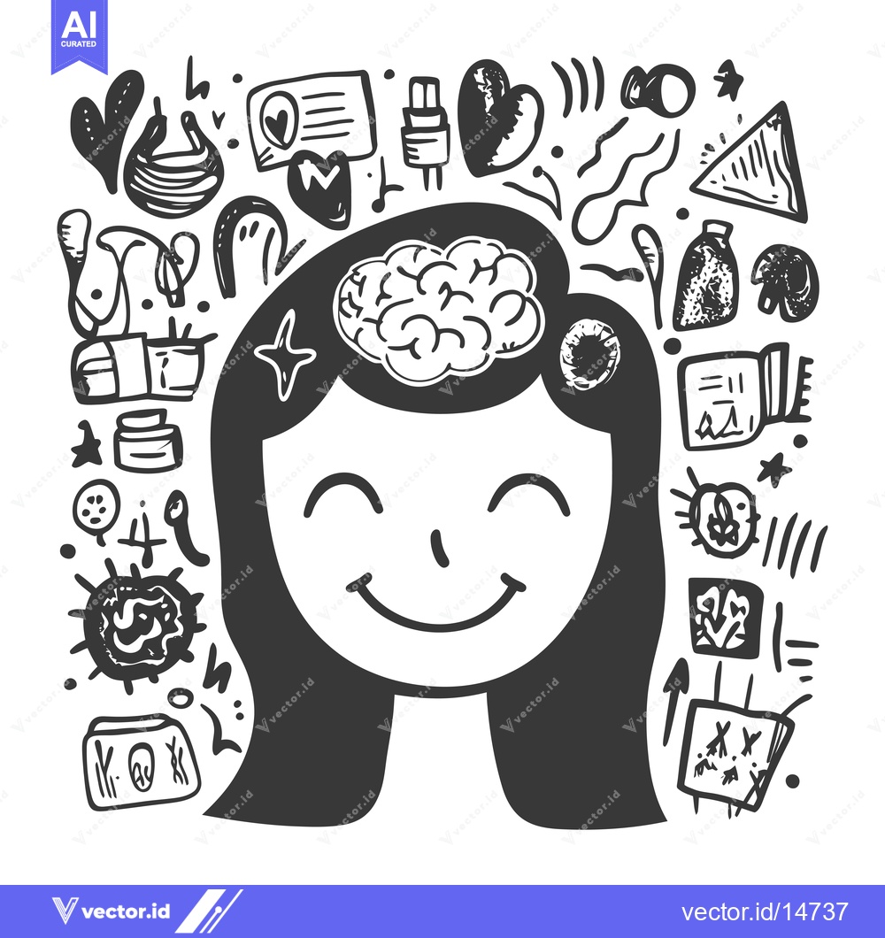 Premium Vector of A doodle of a happy woman with a brain above her head, surrounded by a