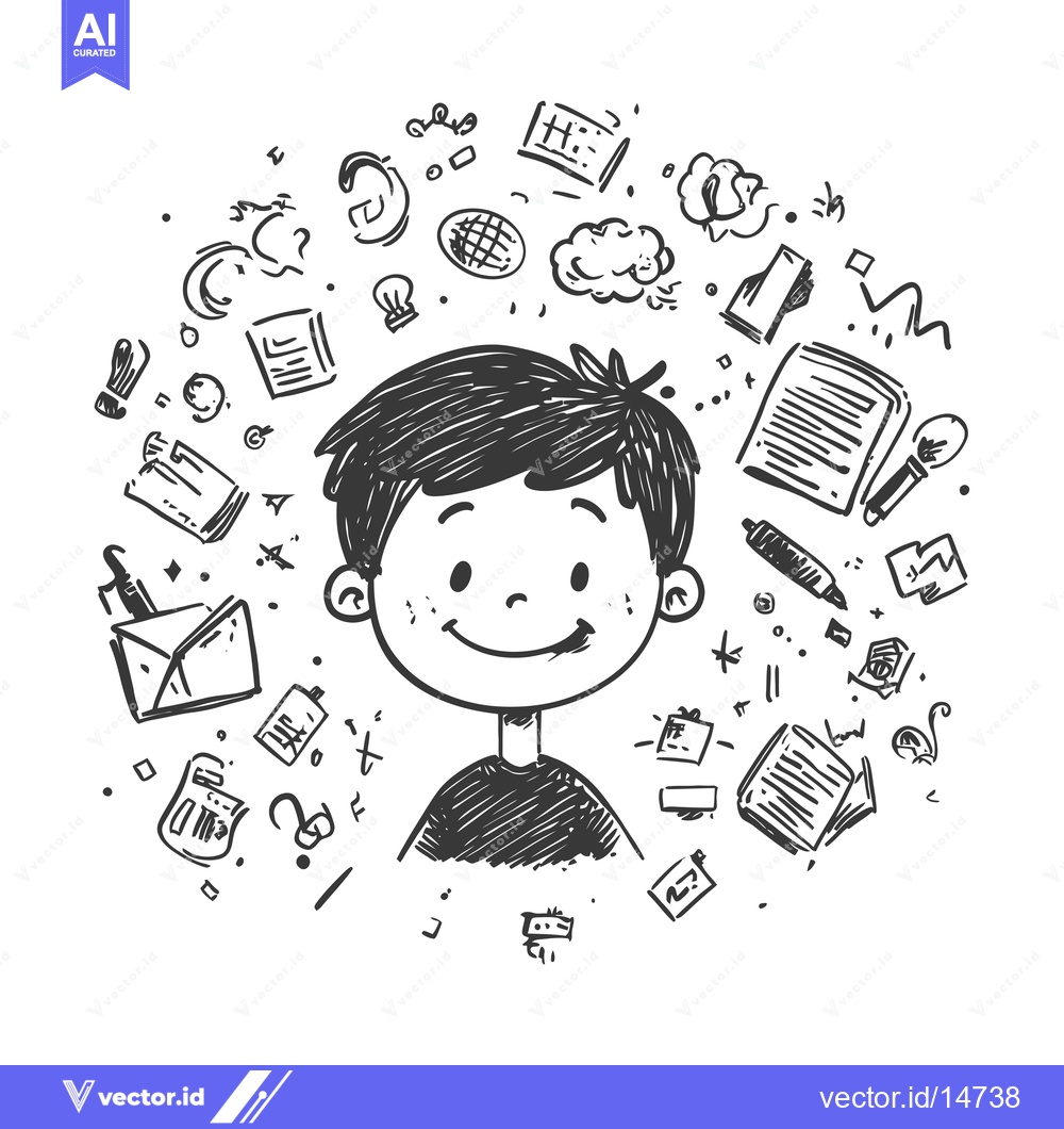 Premium Vector dari A doodle of a smiling boy surrounded by school supplies