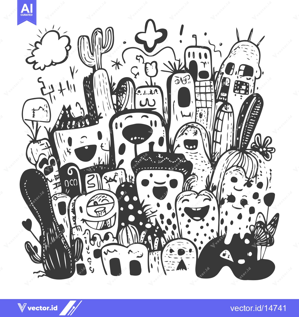 Premium Vector dari A Doodle of Smiling Cacti and Desert Creatures
