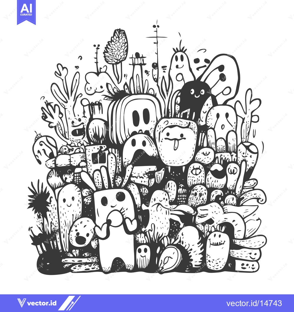 Premium Vector of A Doodle of Various Quirky Characters and Abstract Shapes