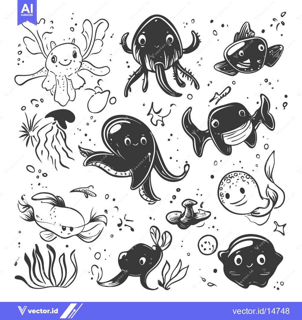 Premium Vector dari Adorable Cartoon Sea Creatures with Big Eyes and Smiling Faces