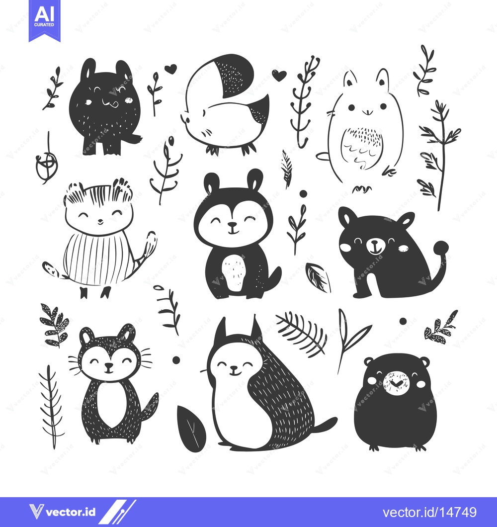 Premium Vector of Adorable Hand-Drawn Black and White Animal Illustrations with Floral E