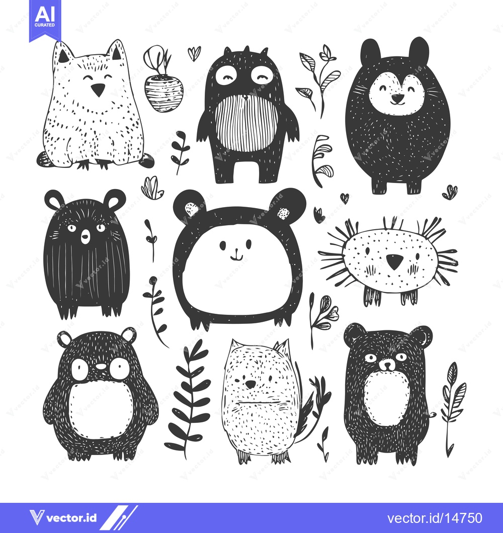 Premium Vector dari Adorable Hand-Drawn Black and White Cartoon Animals with Floral Elemen