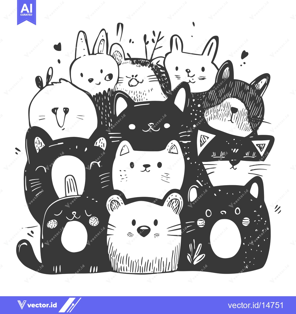 Premium Vector dari Adorable Hand-Drawn Black and White Cats and Bunnies